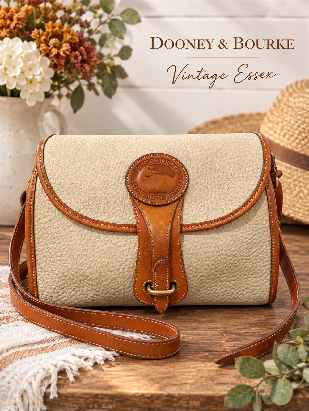 Vintage Dooney & Bourke All Weather Leather Essex Crossbody Bag Cream & Tan